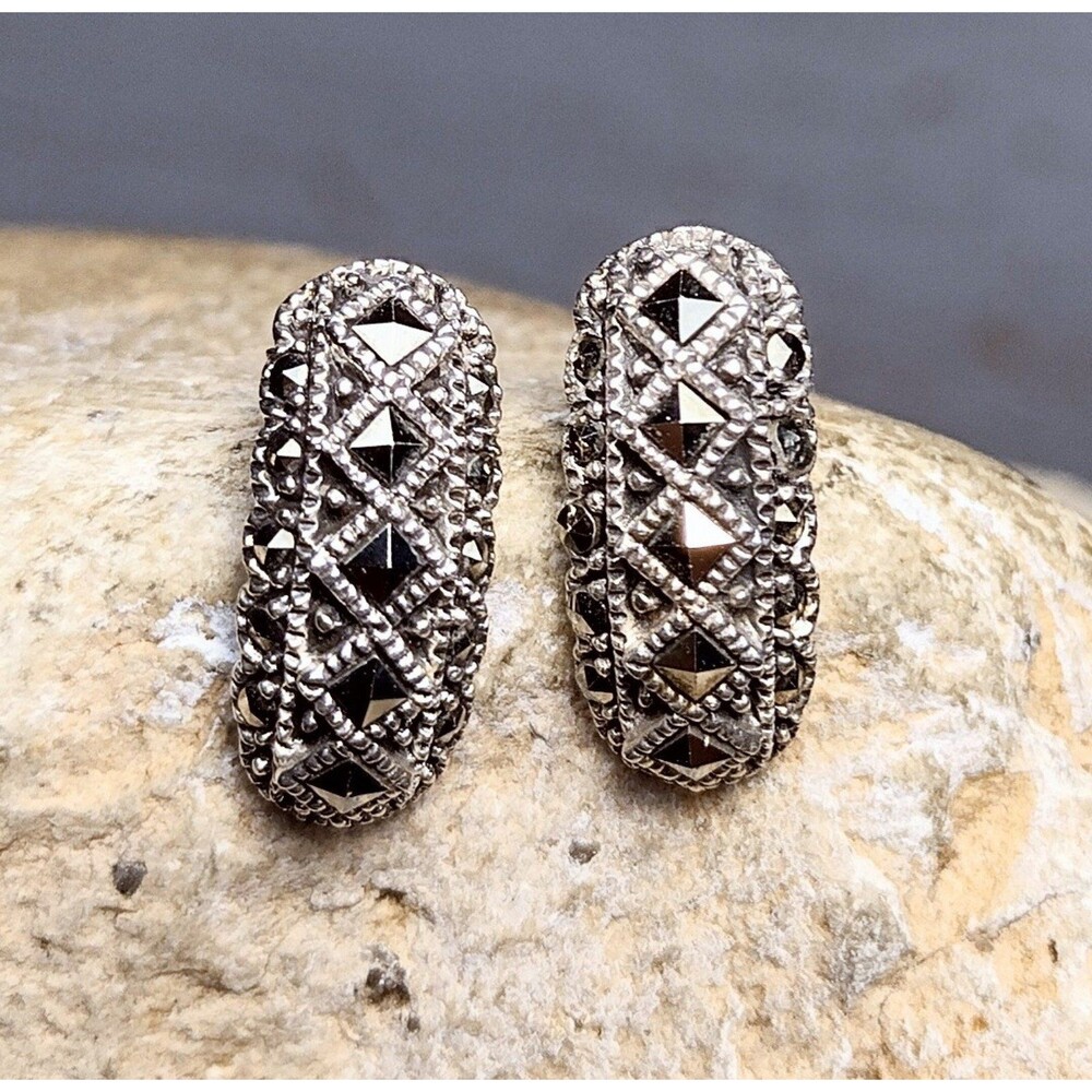 Vintage Sterling Silver Marcasite Half Hoop Earrings Art Deco Signed